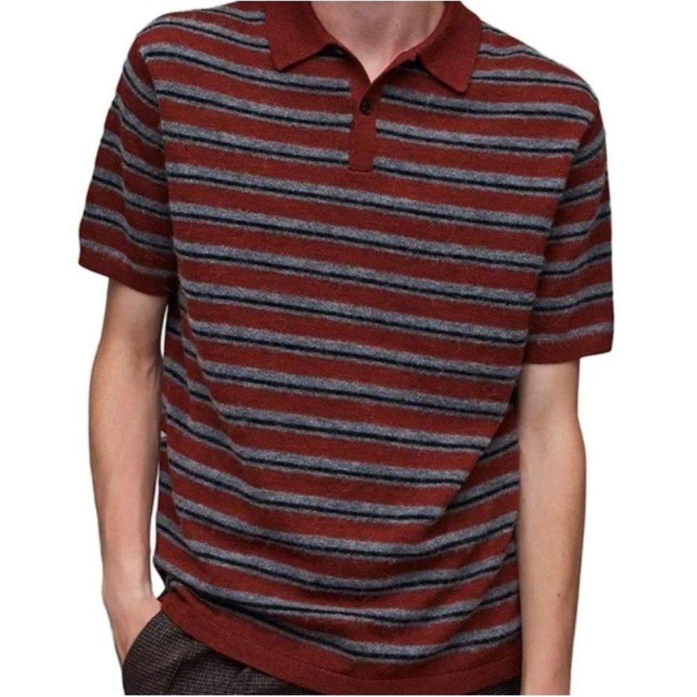 ALL SAINTS Stafford Striped Short Sleeve Wool Blend Collared Polo Sweater *S